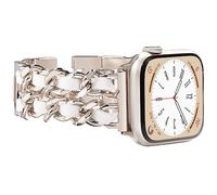 NewWays Women Metal Strap Compatible for Apple Watch 46mm 45mm 44mm 42mm(Series 3 2 1),Stainless Steel Link Bracelet for iWatch Series 10/9/8/7/6/5/4/3/2/1/SE,Starlight Link with White Leather