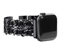 NewWays Women Metal Strap Compatible for Apple Watch 46mm 45mm 44mm 42mm(Series 3 2 1),Stainless Steel Link Bracelet for iWatch Series 10/9/8/7/6/5/4/3/2/1/SE,Black Link with Black Leather