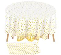 Newwiee 12 Pcs Round Gold Dot Tablecloth 84 inch Plastic Table Cover Gold Dots Confetti Tablecloths for Bridal Shower Anniversary Wedding Graduation Birthday Party Decor (White)