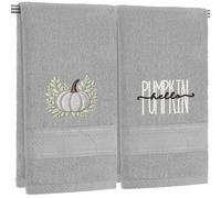 Newwiee 2 Pack Fall Pumpkin Hand Towels Embroidered Grey Cotton Bathroom Towels Autumn Hello Pumpkin Absorbent Bath Decorative for Kitchen Thanksgiving Decor, 29.5 x 13.8 Inches