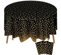 Newwiee 3 Pcs Round Dot Tablecloth 84 Inch Plastic Table Cover Dots Confetti Tablecloths for Wedding Bridal Shower Thanksgiving Christmas New Year Birthday Party Decor (Black and Gold Dots)