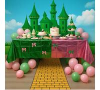 Newwiee 4 Pcs Pink and Green Birthday Party Decorations Witch Theme Large Brick Runner Pink Green Holographic Tablecloth Shiny Table Covers Wizard Castle Backdrop for Witch Princess Birthday Party