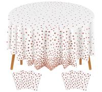 Newwiee 6 Pcs Round Dot Tablecloth 84 Inch Plastic Table Cover Dots Confetti Tablecloths for Halloween Fall Thansgiving Wedding Bridal Shower Birthday Party Decor (White and Rose Gold Dots)