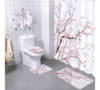 Newwiee 7 Pcs Cherry Blossom Shower Curtain Set with Non-Slip Mats Bathroom Set with Shower Curtain and Towels Toilet Mat Waterproof Watercolor Bathroom Decor Bath Accessories