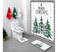 Newwiee 7 Pcs Merry Christmas Shower Curtain Set Holiday Christmas Tree Decor Green Xmas Tree Bathroom Shower Curtain Mats Towels Toilet Mat Waterproof Bath Accessories, 72x72 Inch
