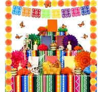 Newwiee 79 Pcs Day of the Dead Altar Decorations Kit Include Marigold Garland Paper Fans Photo Frames Paper Flowers Butterfly Tablecloths LED Candle Banner for Dia De Muertos Altar Diwali(Bright)