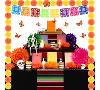 Newwiee 79 Pcs Day of the Dead Altar Decorations Kit Include Marigold Garland Paper Fans Photo Frames Paper Flowers Butterfly Tablecloths LED Candle Banner for Dia De Muertos Altar Diwali (Classic)