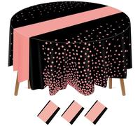Newwiee 84 Inch Polka Dot Round Disposable Tablecloths Plastic Tablecover Plastic Tablecloth with Runner Printed for Prom Graduation Wedding Spring Birthday Party(Black, Rose Gold,3 Pcs)