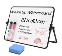 NEWYES Mini Whiteboard, Magnetic Dry-Erase | 21 x 30 cm A4 Double Sided Tabletop Small White Board with Stand, 2 Colors Markers Pens + 1 Eraser | Home Kitchen Office School Essentials