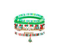 NewZenro Christmas Tree Charm Stretch Friendship Bracelets Cute Gold Plated Heishi Clay Green Red White Beaded Layering Stackable Bangle Fashion Jewelry for Bff Christmas Ornament Holiday Party