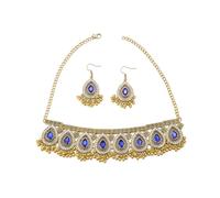 NewZenro Crystal Teardrop Beaded Tassel Dangle Drop Earrings Choker Necklace Set for Women Vintage Ethnic Boho Traditional Fashion Antique Bollywood Indian Jewelry 18", M, Metal, No Gemstone