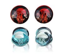NewZenro Glass Ocean Jellyfish Color Ear Plugs Gauges Tunnel Expanders Stretcher Unique Earrings Double Flared Piercings Body Jewelry Blue Red Set, 14 mm, Glass, no gemstone