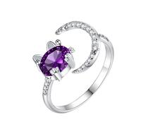NewZenro Purple CZ Cat Moon Open Statement Ring for Women Cute Silver Plated Crystal Kitten Animal Adjustable Pinky Finger Knuckle Small Rings Comfort Fit Fashion Trendy Jewelry for Her Bff