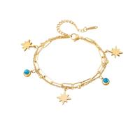 NewZenro Sun Blue Turquoise Charm Beaded Chain Link Bracelets for Women Boho Stainless Steel Gold Plated Star Layered Chains Adjustable Fashion Trendy Jewelry for Her Bff Holiday 7.5"