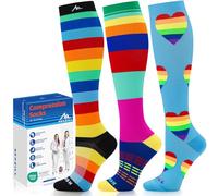 NEWZILL Medical Compression Socks for Women and Men Circulation 20-30 mmHg Best Compression Stockings for Running Athletic Travel Flight Nurses (Rainbow/BlueHeart 3Pairs L/XL)