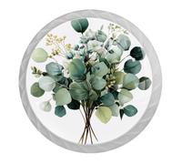 NEWzone 4 Pack Dresser Drawer Cabinet Knobs Sage Green Eucalyptus Bouquet Round Shape Crystal Glass Knobs Pulls Handles for Kitchen Wardrobe Cupboard Door Hardware with Screws, 35mm