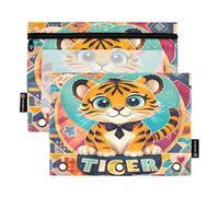 Nexawaveo Adorable Tigers Multicolor 2Pack Pencil Pouch Set for 3 Ring Binder Smooth Zipper with Clear PVC Window Pencil Case for School Supplies