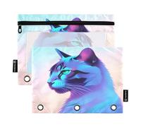 Nexawaveo Blue Hued Cat 2Pack Pencil Pouch Set for 3 Ring Binder Smooth Zipper with Clear PVC Window Pencil Case for School Supplies