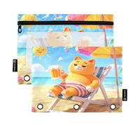 Nexawaveo Cartoon Orange Cat with Beer 2Pack Pencil Pouch Set for 3 Ring Binder Smooth Zipper with Clear PVC Window Pencil Case for School Supplies