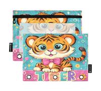 Nexawaveo Cartoon Tigers Blues 2Pack Pencil Pouch Set for 3 Ring Binder Smooth Zipper with Clear PVC Window Pencil Case for School Supplies