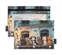 Nexawaveo Cat Dogs Old Building 2Pack Pencil Pouch Set for 3 Ring Binder Smooth Zipper with Clear PVC Window Pencil Case for School Supplies