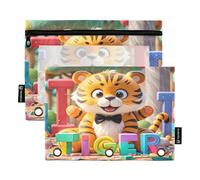 Nexawaveo Chibi Tigers Multicolor 2Pack Pencil Pouch Set for 3 Ring Binder Smooth Zipper with Clear PVC Window Pencil Case for School Supplies