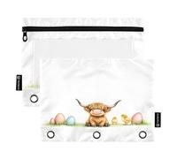 Nexawaveo Cute Highland Cow and Eggs 2Pack Pencil Pouch Set for 3 Ring Binder Smooth Zipper with Clear PVC Window Pencil Case for School Supplies
