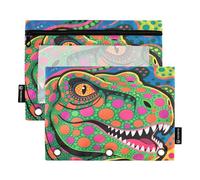 Nexawaveo Dot Art Dinosaur 2Pack Pencil Pouch Set for 3 Ring Binder Smooth Zipper with Clear PVC Window Pencil Case for School Supplies