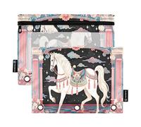 Nexawaveo Enchanted Horse Black 2Pack Pencil Pouch Set for 3 Ring Binder Smooth Zipper with Clear PVC Window Pencil Case for School Supplies
