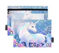 Nexawaveo Fantasy Unicorns Aquatic 2Pack Pencil Pouch Set for 3 Ring Binder Smooth Zipper with Clear PVC Window Pencil Case for School Supplies