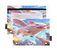 Nexawaveo Flying Pig over Colorful City 2Pack Pencil Pouch Set for 3 Ring Binder Smooth Zipper with Clear PVC Window Pencil Case for School Supplies