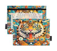 Nexawaveo Futuristic Tigers Turquoise 2Pack Pencil Pouch Set for 3 Ring Binder Smooth Zipper with Clear PVC Window Pencil Case for School Supplies