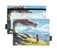 Nexawaveo Girl and Dragon on Hill Blue 2Pack Pencil Pouch Set for 3 Ring Binder Smooth Zipper with Clear PVC Window Pencil Case for School Supplies