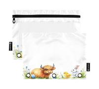 Nexawaveo Highland Cow Chick Rabbit 2Pack Pencil Pouch Set for 3 Ring Binder Smooth Zipper with Clear PVC Window Pencil Case for School Supplies