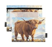 Nexawaveo Highland Cow in Golden Field 2Pack Pencil Pouch Set for 3 Ring Binder Smooth Zipper with Clear PVC Window Pencil Case for School Supplies