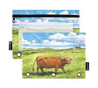 Nexawaveo Highland Cow in Green Field 2Pack Pencil Pouch Set for 3 Ring Binder Smooth Zipper with Clear PVC Window Pencil Case for School Supplies