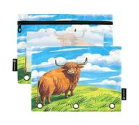 Nexawaveo Highland Cow on Green Hill 2Pack Pencil Pouch Set for 3 Ring Binder Smooth Zipper with Clear PVC Window Pencil Case for School Supplies