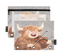 Nexawaveo Highland Cow Playing Violin 2Pack Pencil Pouch Set for 3 Ring Binder Smooth Zipper with Clear PVC Window Pencil Case for School Supplies