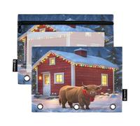 Nexawaveo Highland Cow Red House 2Pack Pencil Pouch Set for 3 Ring Binder Smooth Zipper with Clear PVC Window Pencil Case for School Supplies