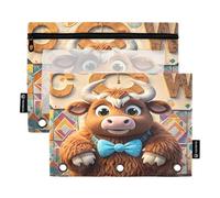 Nexawaveo Illustrative Cow Multicolor 2Pack Pencil Pouch Set for 3 Ring Binder Smooth Zipper with Clear PVC Window Pencil Case for School Supplies