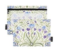 Nexawaveo Iris Floral Green Beige 2Pack Pencil Pouch Set for 3 Ring Binder Smooth Zipper with Clear PVC Window Pencil Case for School Supplies
