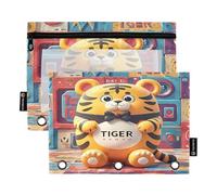 Nexawaveo Kawaii Tigers Pastel 2Pack Pencil Pouch Set for 3 Ring Binder Smooth Zipper with Clear PVC Window Pencil Case for School Supplies