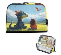 Nexawaveo Large Capacity Pencil Case Organizer 8.3x5.9in Cartoon Dragon in Field Blue Pen Pouch for School Office Travel