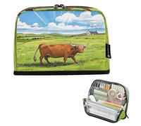Nexawaveo Large Capacity Pencil Case Organizer 8.3x5.9in Highland Cow in Green Field Pen Pouch for School Office Travel