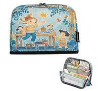 Nexawaveo Large Capacity Pencil Case Organizer 8.3x5.9in Illustrative Picnic Blue Pen Pouch for School Office Travel