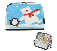Nexawaveo Large Capacity Pencil Case Organizer 8.3x5.9in Polar Bear and Penguin Blue Pen Pouch for School Office Travel