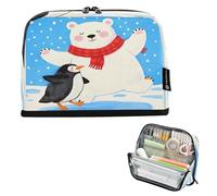 Nexawaveo Large Capacity Pencil Case Organizer 8.3x5.9in Polar Bear and Penguin in Snowy Blue Scene Pen Pouch for School Office Travel