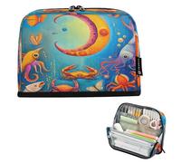 Nexawaveo Large Capacity Pencil Case Organizer 8.3x5.9in Sea Creatures Moon Blue Pen Pouch for School Office Travel