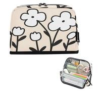 Nexawaveo Large Capacity Pencil Case Organizer 8.3x5.9in Simple Line Art Flowers Beige Pen Pouch for School Office Travel