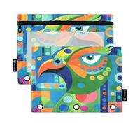 Nexawaveo Modern Art Parrot Colorful Dots 2Pack Pencil Pouch Set for 3 Ring Binder Smooth Zipper with Clear PVC Window Pencil Case for School Supplies